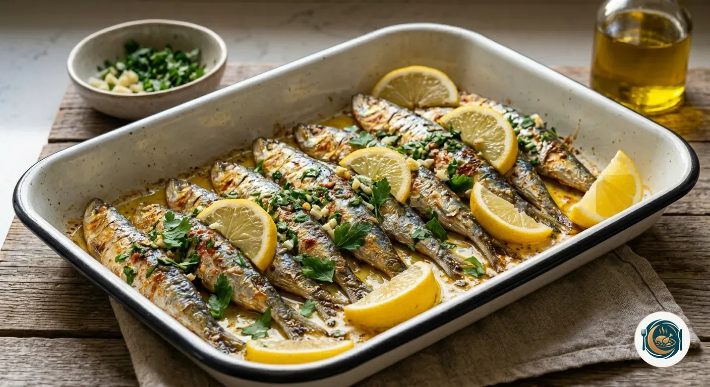 Sardinas al horno doradas en una bandeja con ajo, perejil y limón
