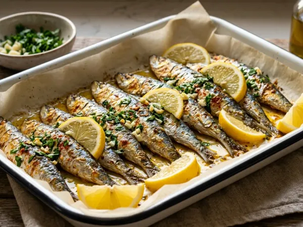 Sardinas al horno doradas en una bandeja con ajo, perejil y rodajas de limón