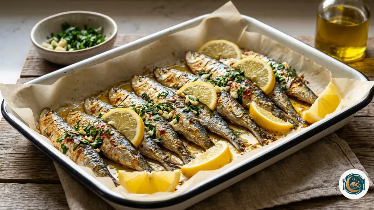 Sardinas al horno doradas en una bandeja con ajo, perejil y rodajas de limón