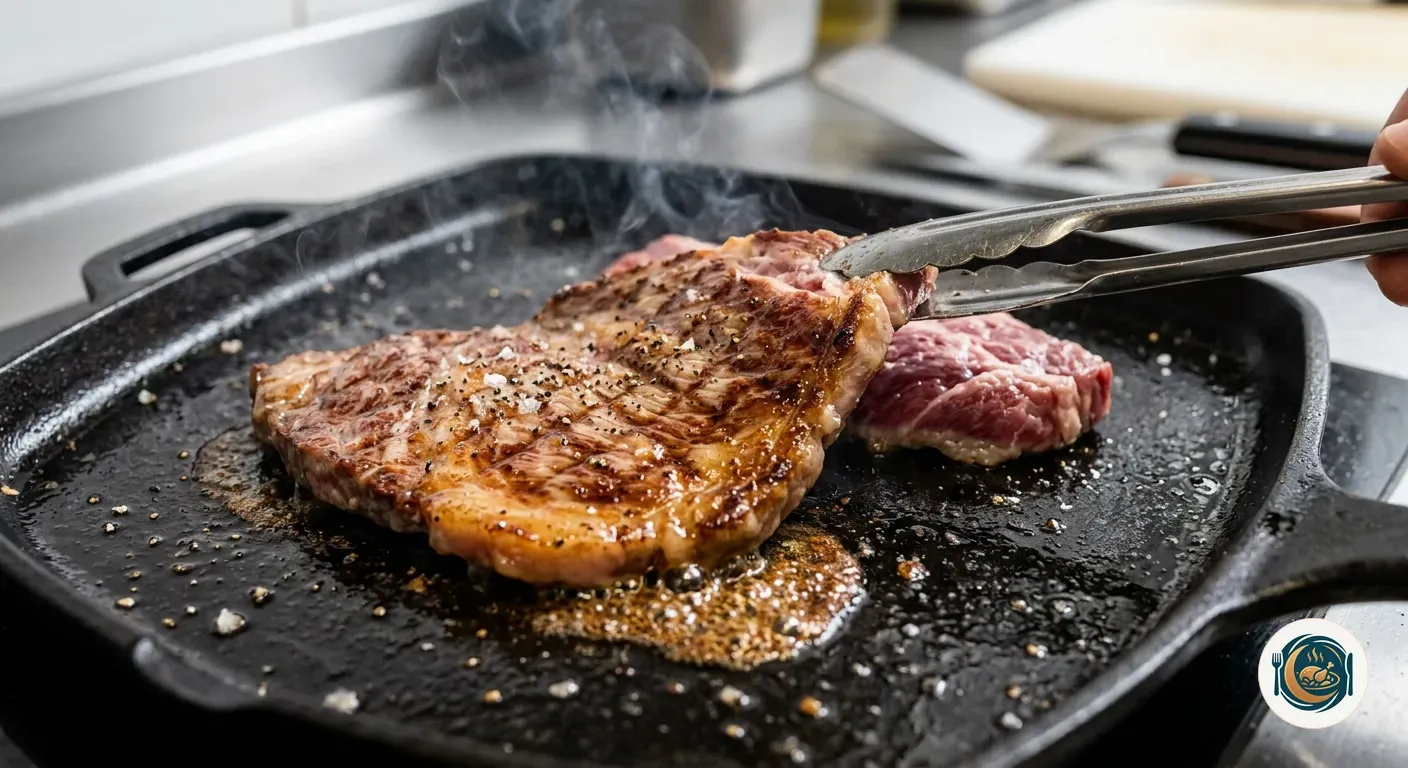 Secreto ibérico marcándose en la plancha con la grasa dorada