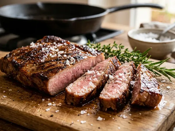 Secreto ibérico a la plancha cortado en tiras con sal en escamas
