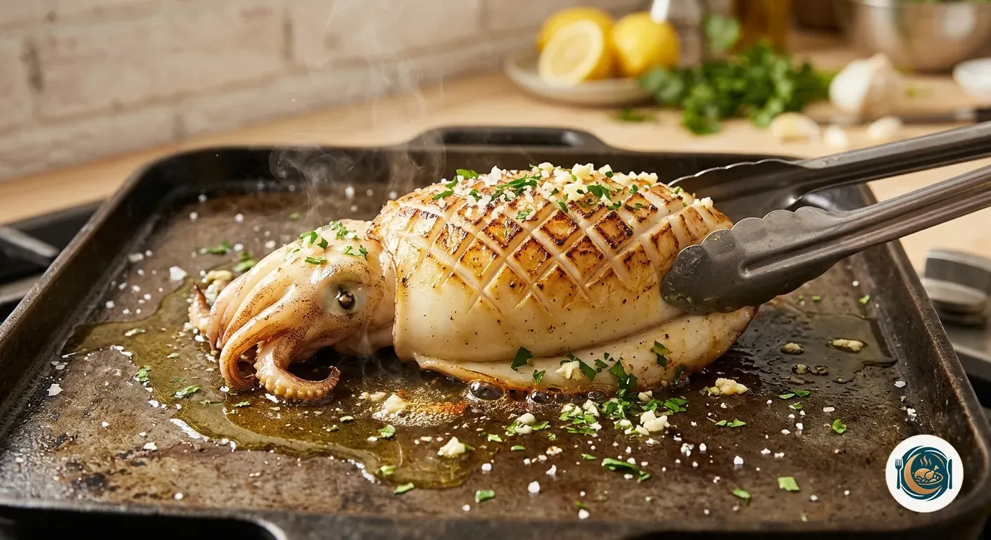 Sepia dorándose en la plancha caliente con marcas de la rejilla