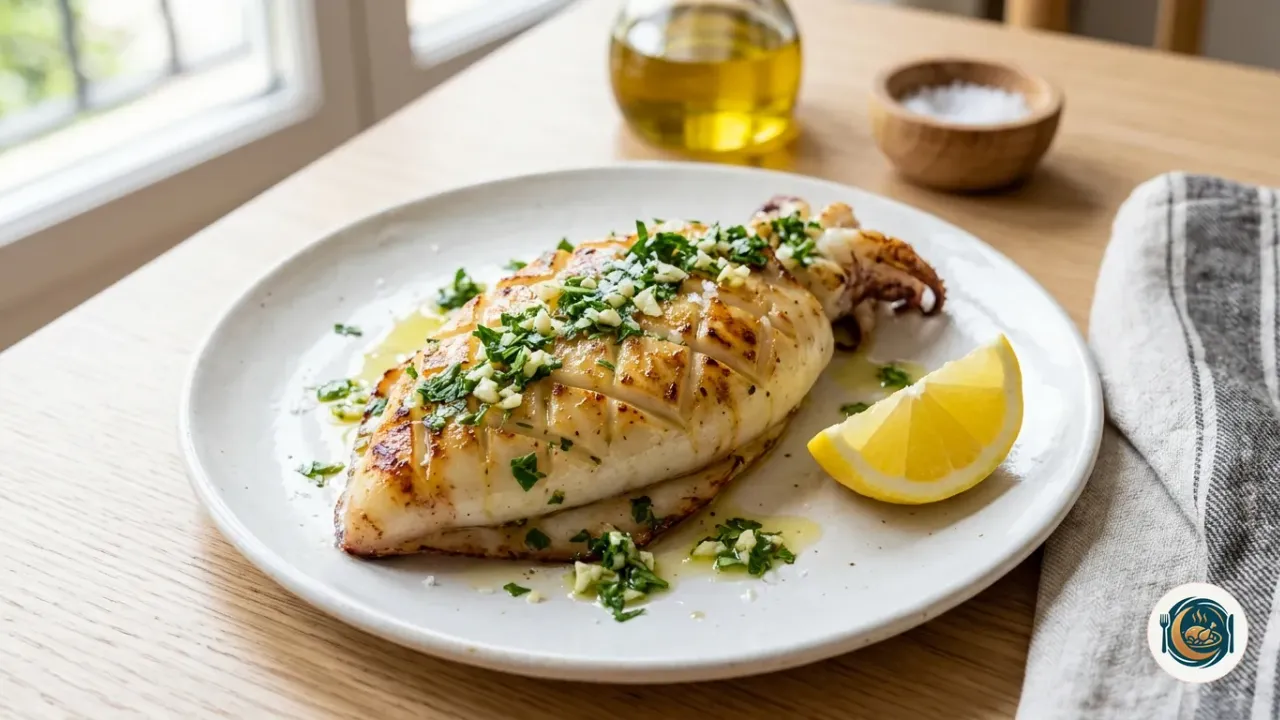 Plato de sepia a la plancha dorada con ajo, perejil y un gajo de limón