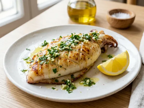 Plato de sepia a la plancha dorada con ajo, perejil y un gajo de limón