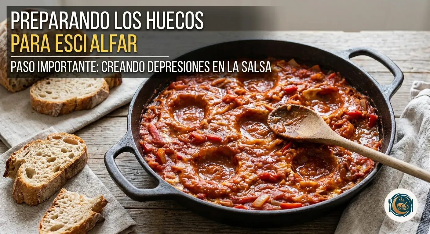 Huecos abiertos en la salsa de tomate para escalfar los huevos