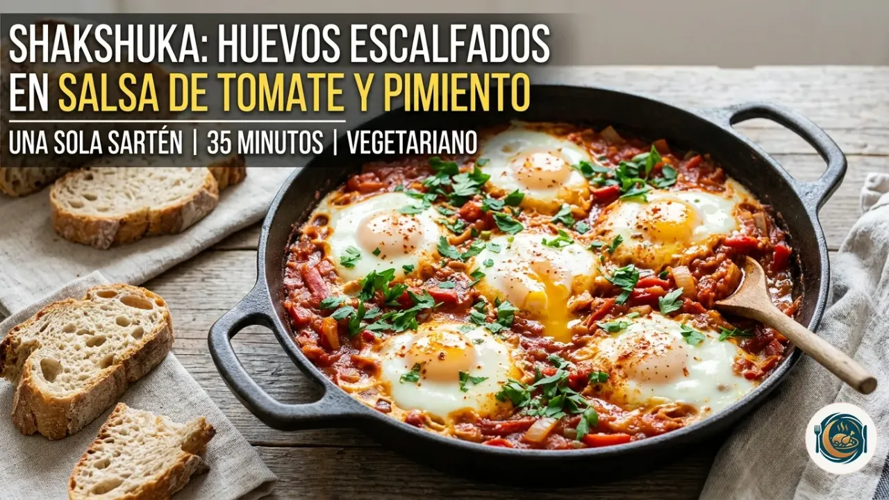 Sartén de shakshuka con huevos escalfados sobre salsa de tomate y perejil