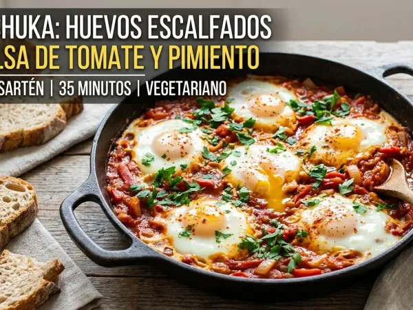 Sartén de shakshuka con huevos escalfados sobre salsa de tomate y perejil