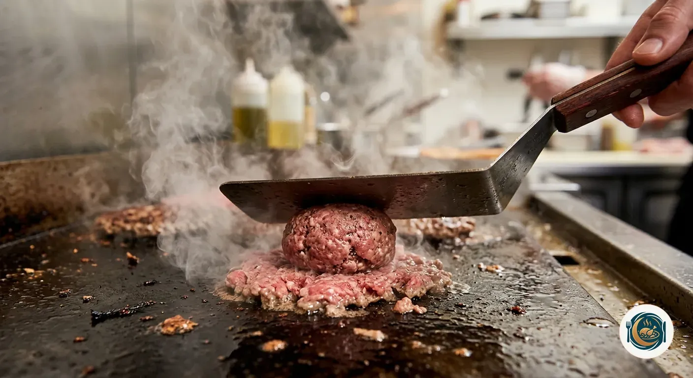 Bola de carne aplastada con espátula en la plancha humeante