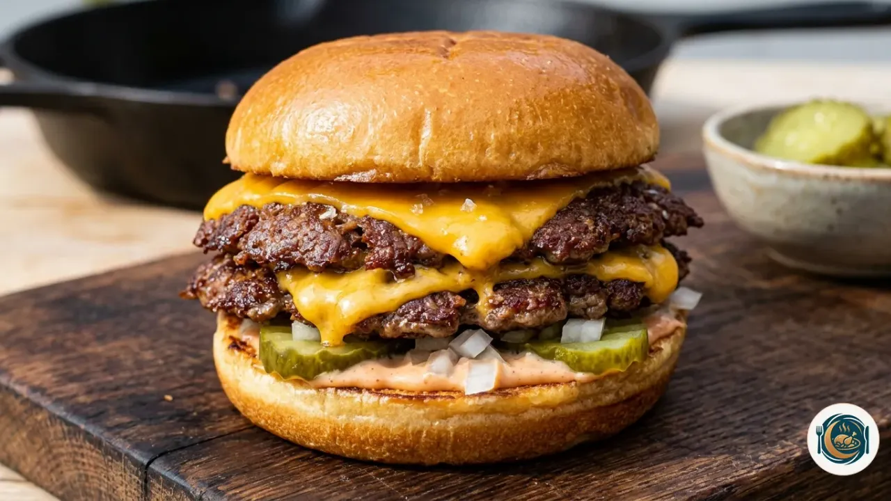 Smash burger casera con dos discos de carne de bordes crujientes, queso fundido y pepinillos en pan brioche