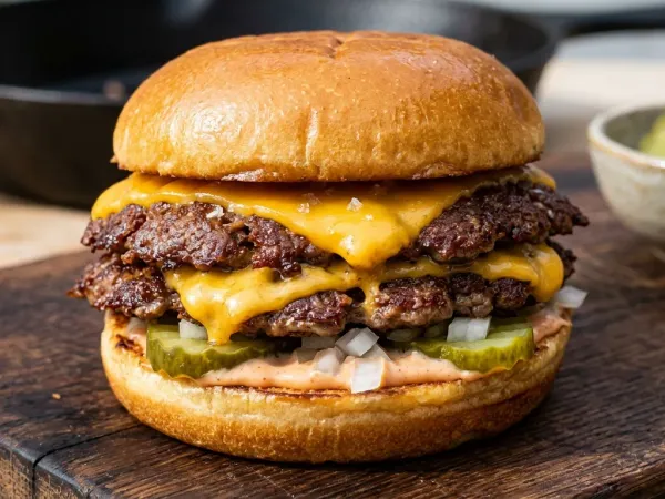 Smash burger casera con dos discos de carne de bordes crujientes, queso fundido y pepinillos en pan brioche