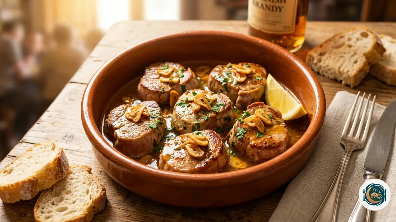 Solomillo al whisky en salsa con ajos fritos en una sartén