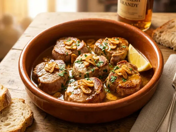 Solomillo al whisky en salsa con ajos fritos en una sartén