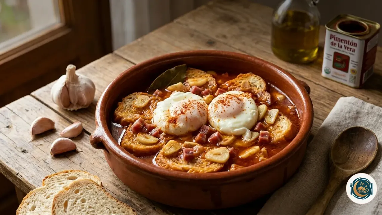 Cazuela de barro con sopa de ajo castellana, pan, pimentón y un huevo cuajado