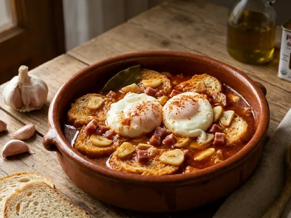 Cazuela de barro con sopa de ajo castellana, pan, pimentón y un huevo cuajado