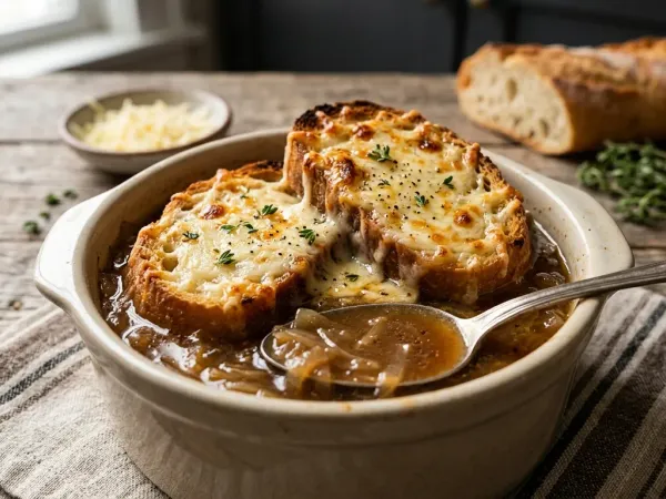 Bol de sopa de cebolla gratinada con pan y queso fundido dorado por encima