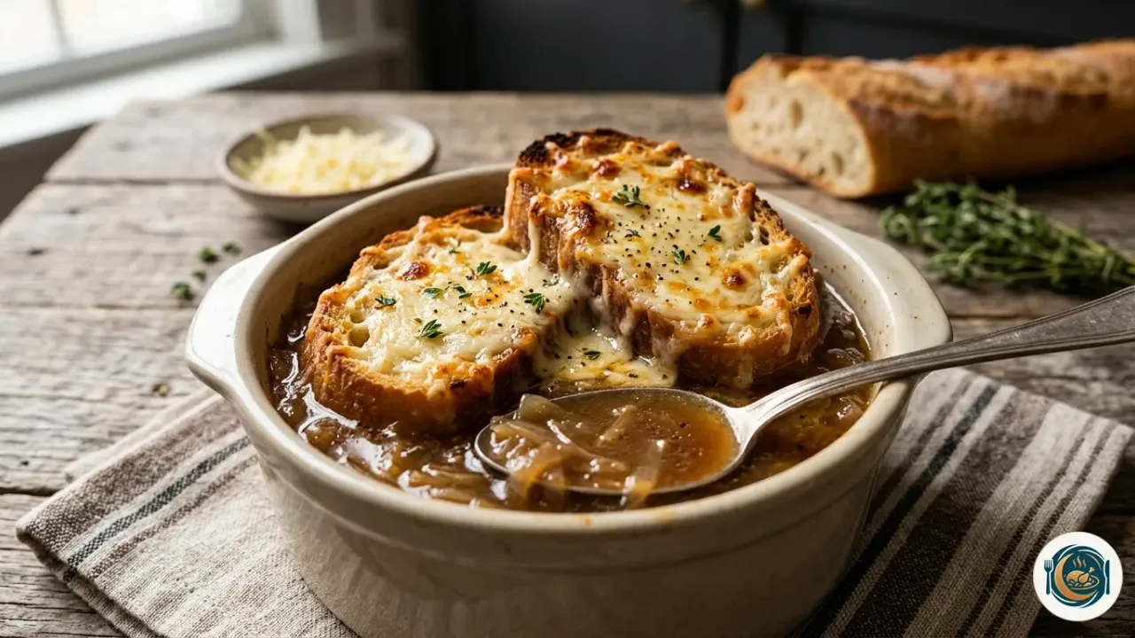 Bol de sopa de cebolla gratinada con pan y queso fundido dorado por encima