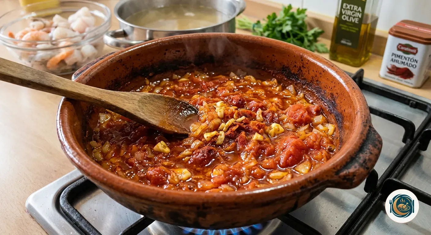 Sofrito de tomate y pimentón para la sopa de pescado en la cazuela