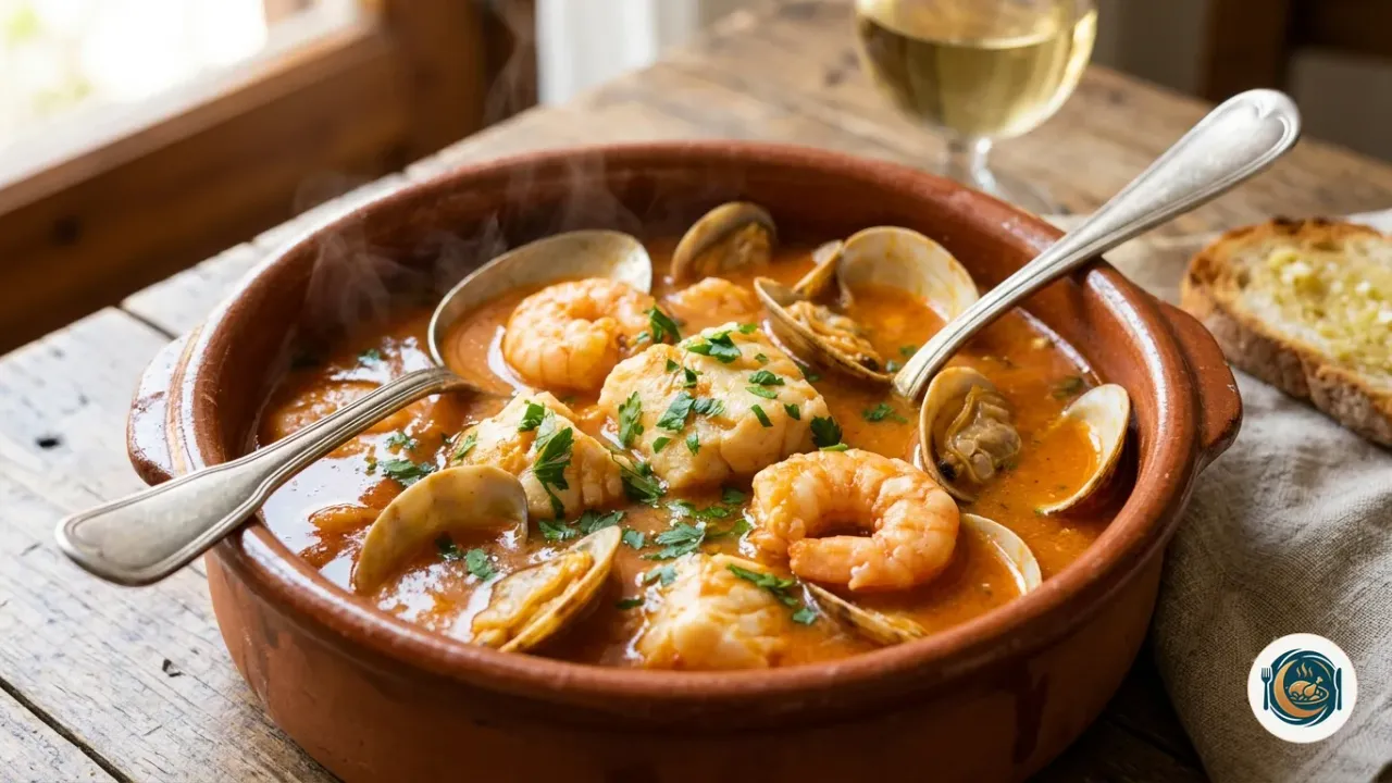 Sopa de pescado casera en cazuela de barro con gambas y almejas