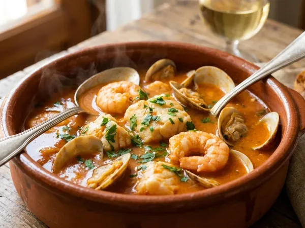 Sopa de pescado casera en cazuela de barro con gambas y almejas