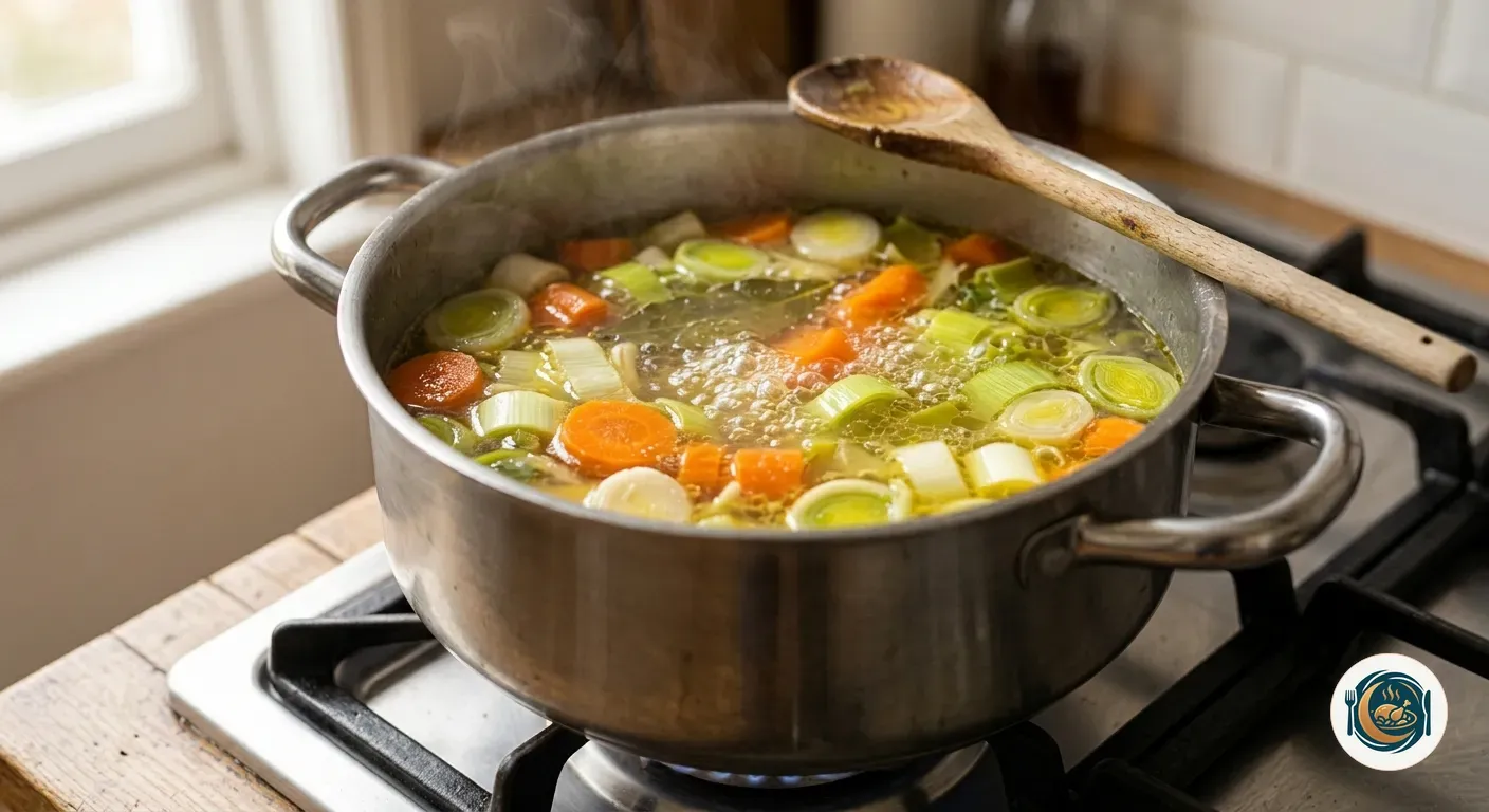 Olla con el caldo de pollo, la zanahoria y el puerro cociendo a fuego suave