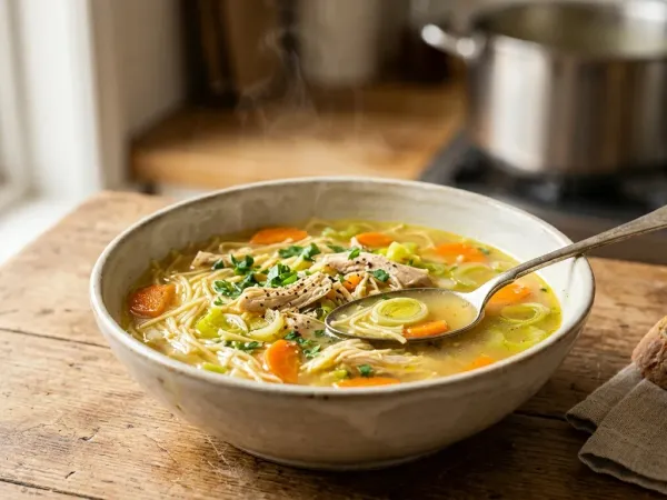 Plato hondo de sopa de pollo con fideos, zanahoria y perejil servido humeante