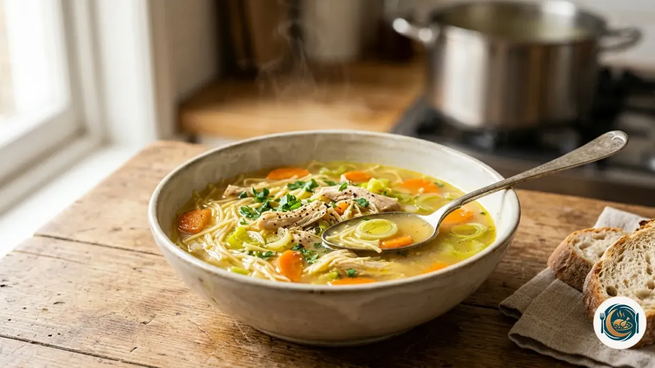Plato hondo de sopa de pollo con fideos, zanahoria y perejil servido humeante