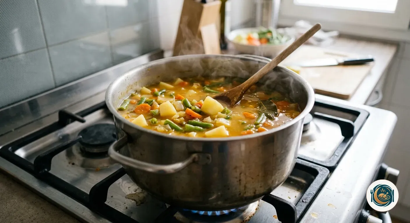 Olla con la sopa de verduras cociendo con patata, zanahoria y judías verdes