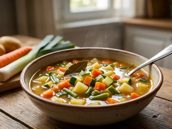 Plato hondo de sopa de verduras con patata, zanahoria, judías verdes y calabacín