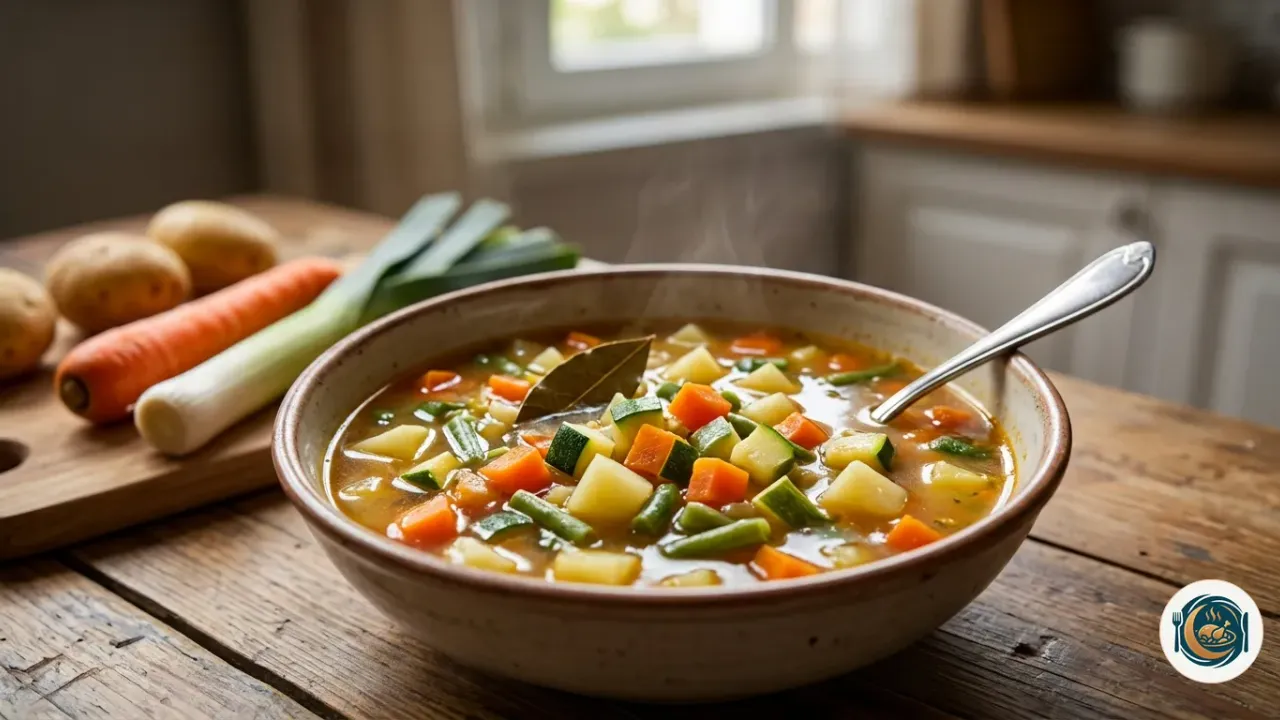 Plato hondo de sopa de verduras con patata, zanahoria, judías verdes y calabacín