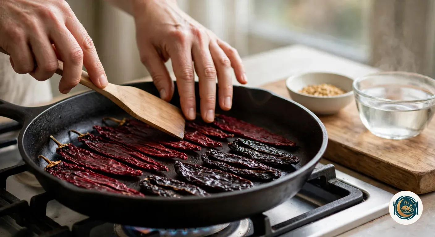 Manos tostando chiles guajillo y ancho secos en una sartén de hierro