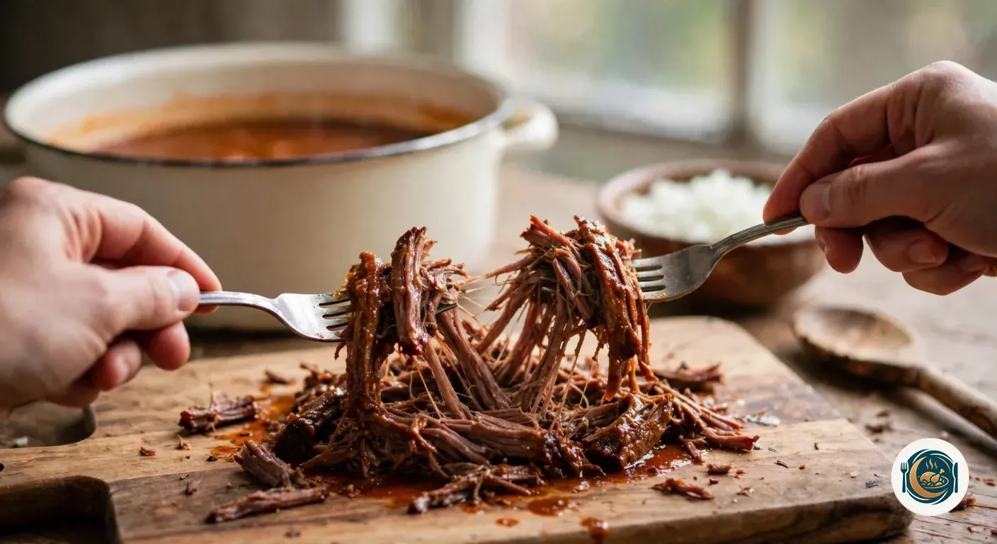 Dos tenedores desmenuzando ternera guisada en adobo rojo junto a la cazuela