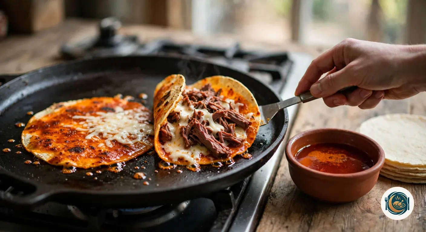 Espátula doblando una tortilla teñida de rojo con queso y birria en la plancha