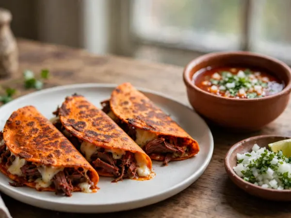 Tacos de birria crujientes con queso fundido y un cuenco de consomé