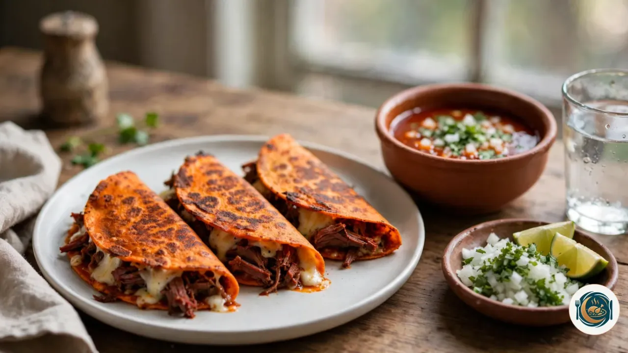 Tacos de birria crujientes con queso fundido y un cuenco de consomé