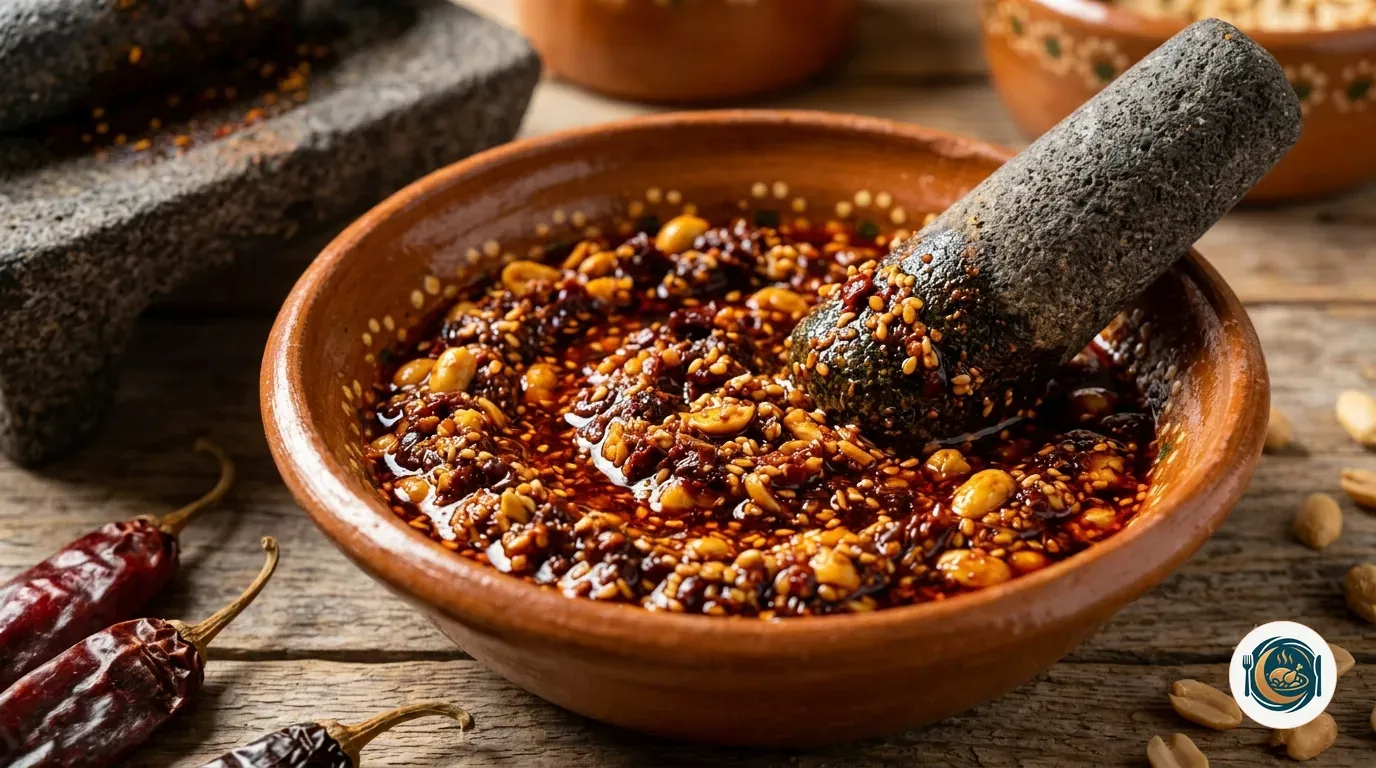 Salsa macha recién triturada en un bol