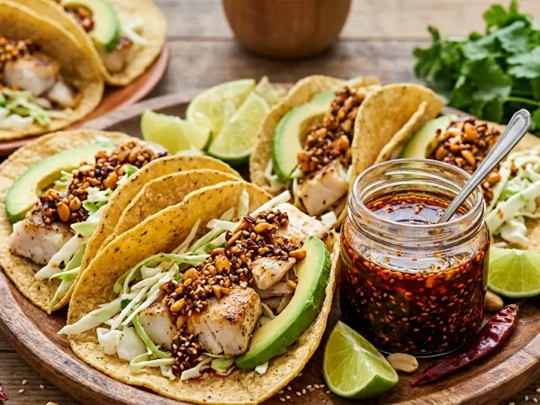 Tacos de merluza con col, lima y salsa macha crujiente sobre tortillas de maíz