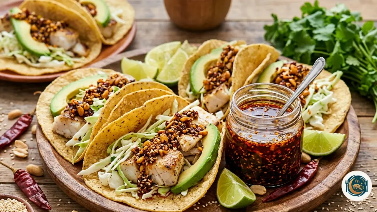 Tacos de merluza con col, lima y salsa macha crujiente sobre tortillas de maíz