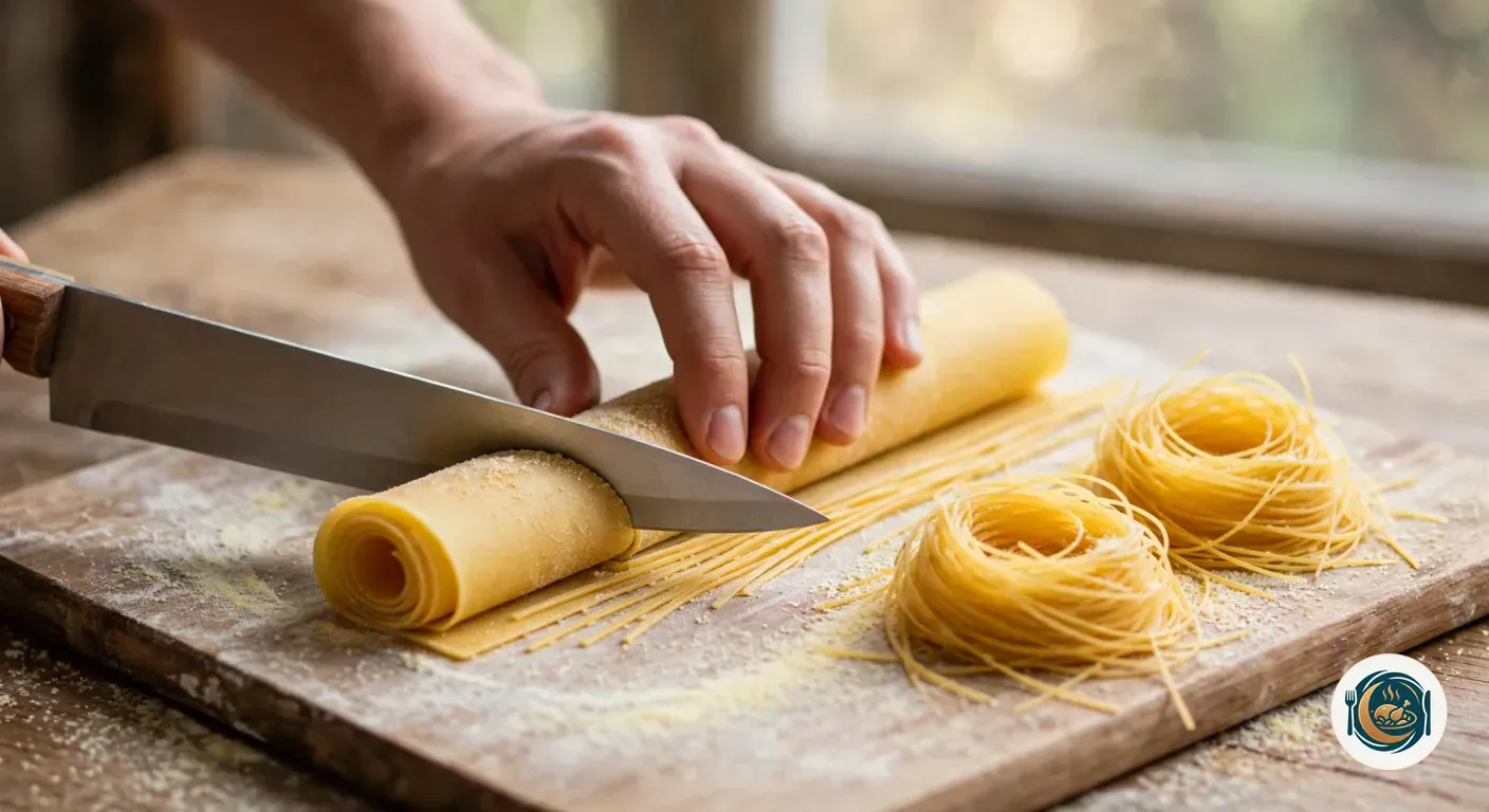 Mano sujetando un rollo de masa amarilla de huevo mientras un cuchillo lo corta en tiras finas, con dos nidos de tajarin sobre una tabla con sémola