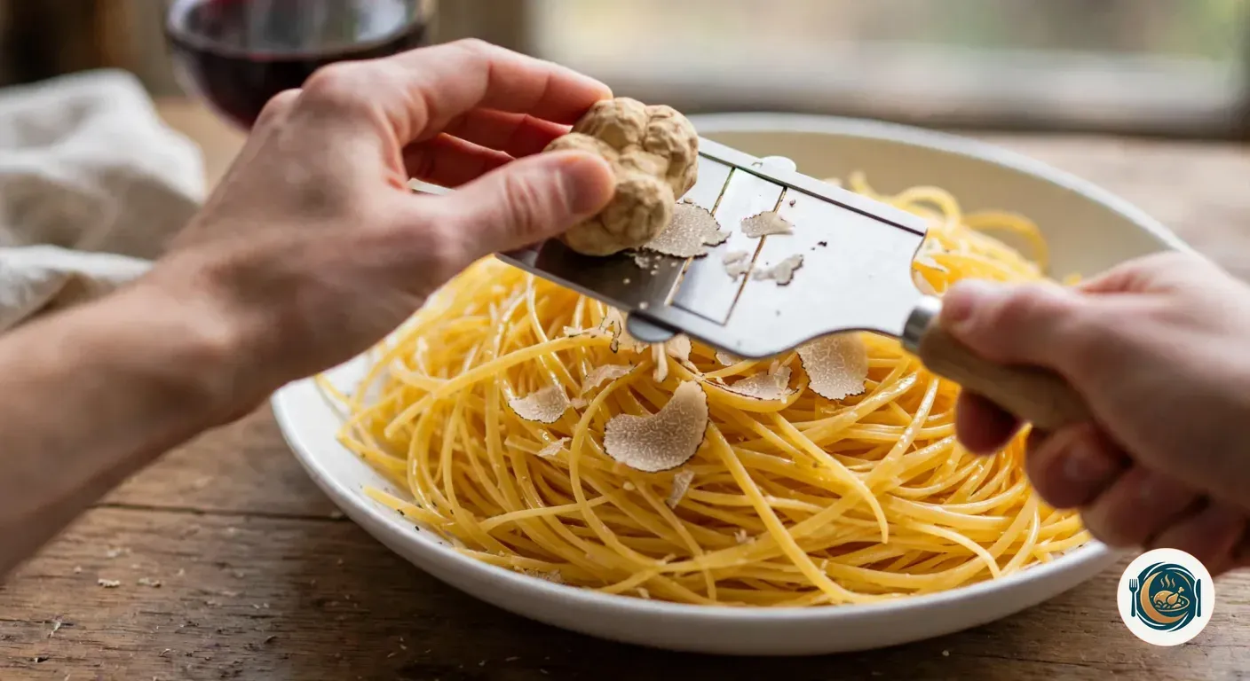 Manos pasando una trufa blanca por un cortatrufas sobre un plato de tajarin, con láminas finas cayendo sobre la pasta