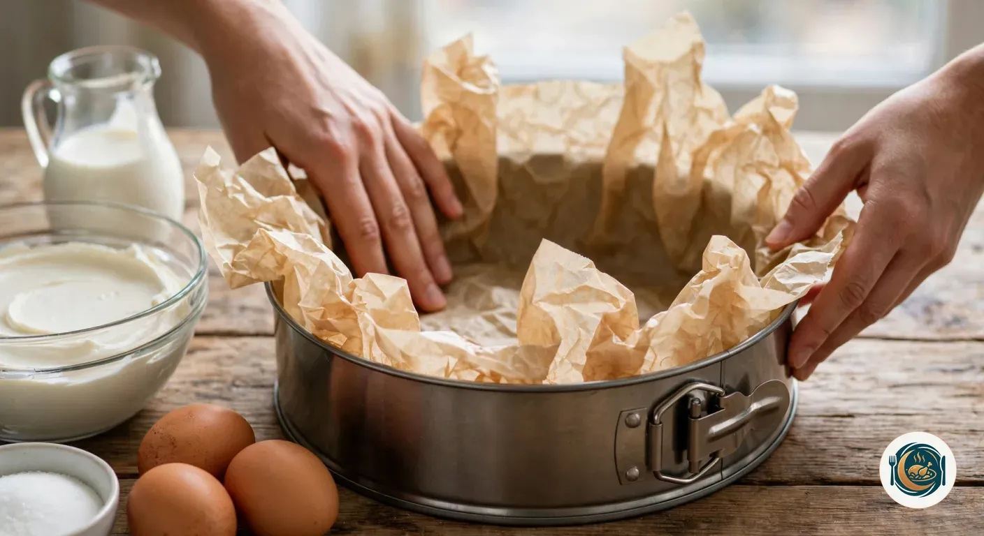 Manos forrando un molde desmontable con papel de horno arrugado