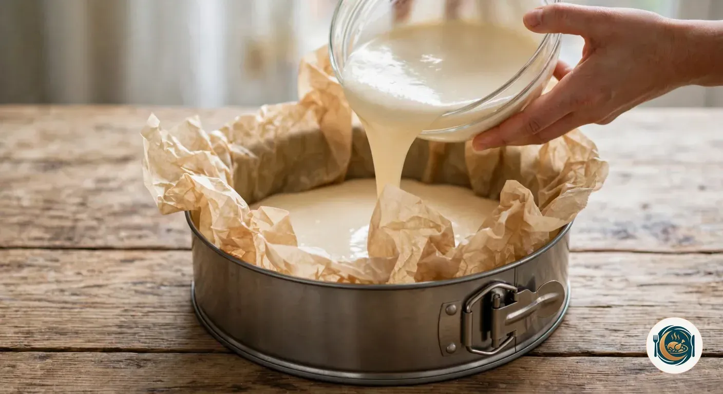 Mezcla líquida de tarta de queso vertida en el molde forrado
