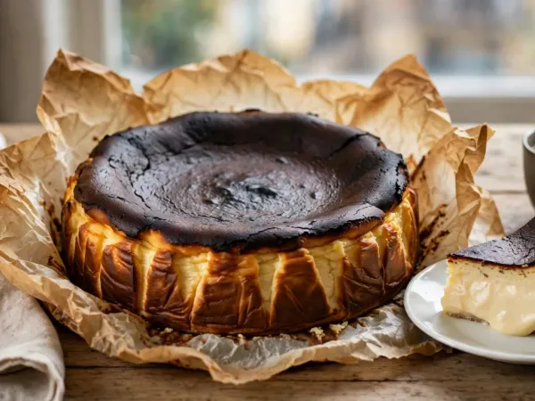 Tarta de queso de La Viña con la superficie quemada y una porción cremosa