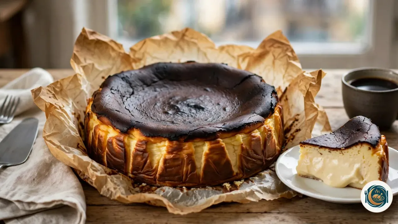 Tarta de queso de La Viña con la superficie quemada y una porción cremosa
