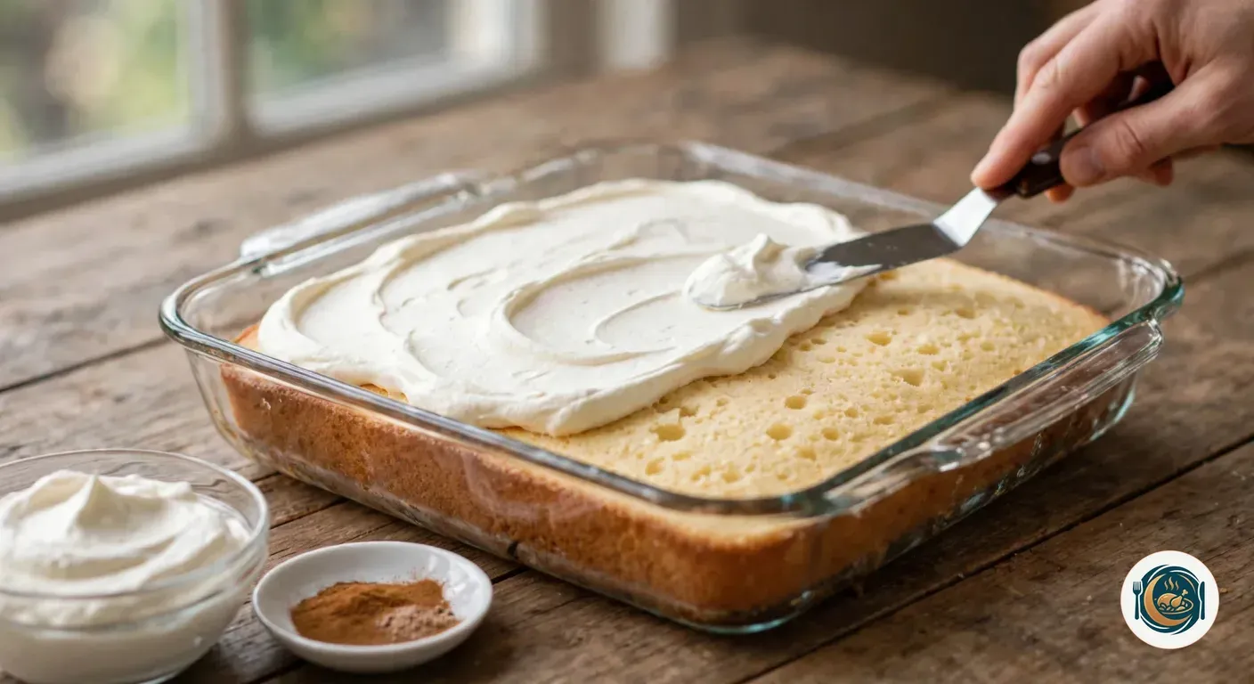 Mano extendiendo nata montada sobre la tarta tres leches con una espátula