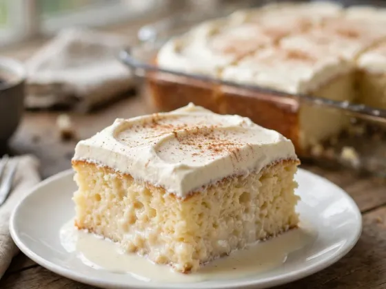 Porción de tarta tres leches empapada en leche, con nata montada y canela