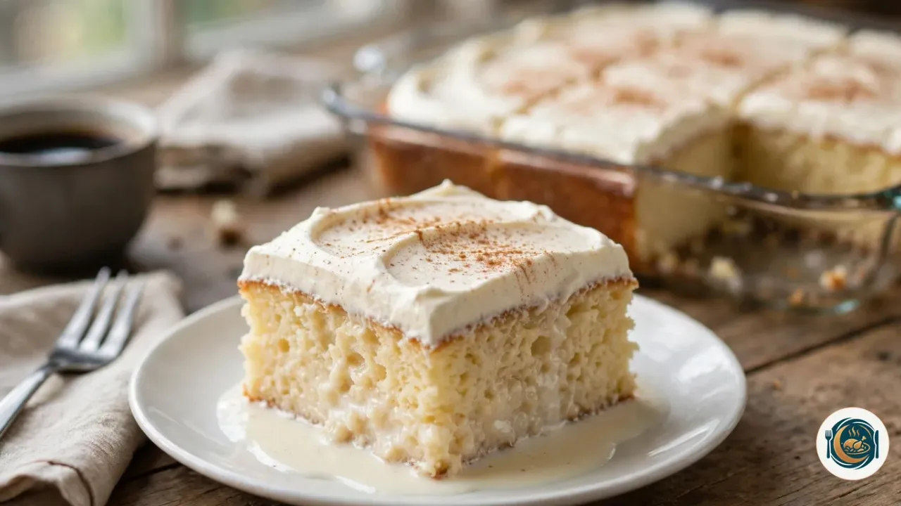 Porción de tarta tres leches empapada en leche, con nata montada y canela