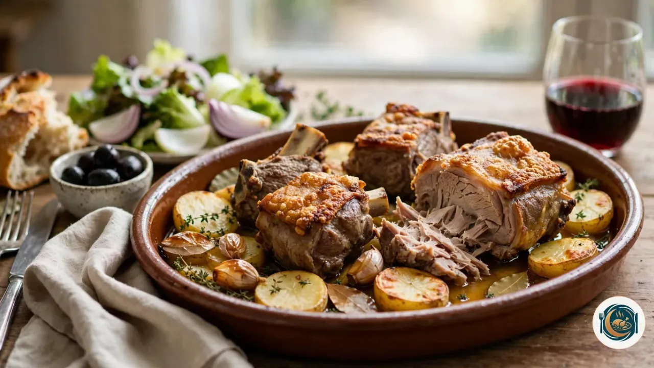 Paletillas de ternasco asadas con la piel dorada sobre patatas panadera