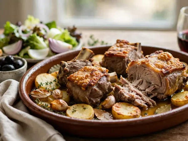Paletillas de ternasco asadas con la piel dorada sobre patatas panadera