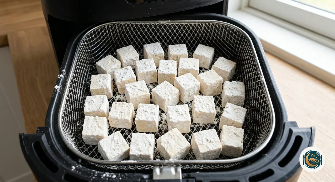 Dados de tofu rebozados con maicena en la cesta de la freidora