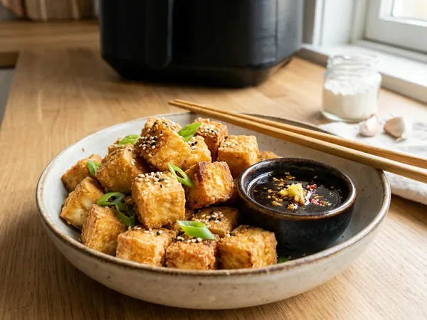 Dados de tofu dorados y crujientes servidos con salsa de jengibre y semillas de sésamo